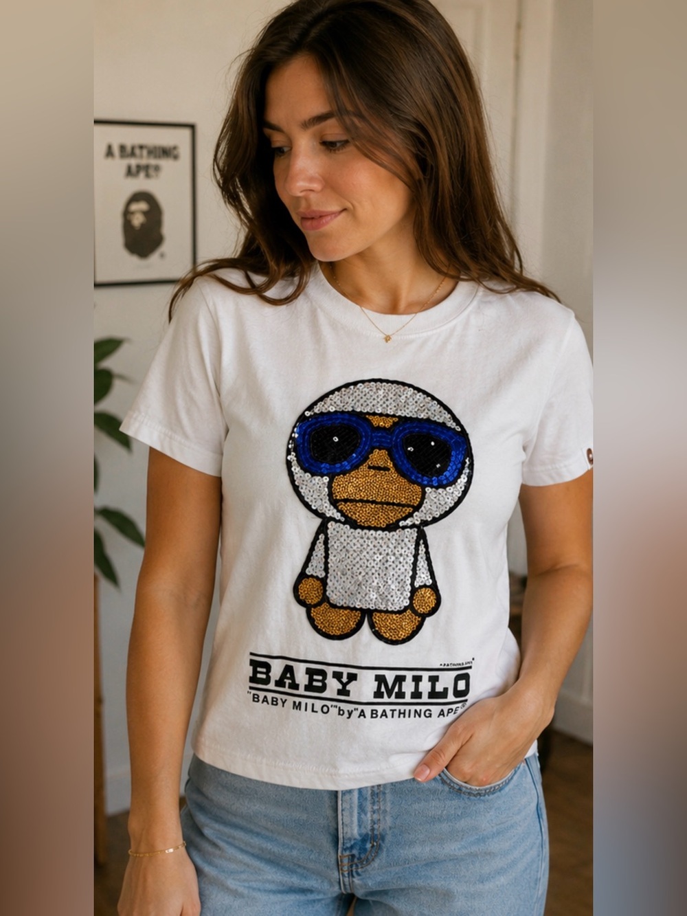 Rare 2009 BAPE Baby Milo x Super Mario Sequin T-Shirt Size S